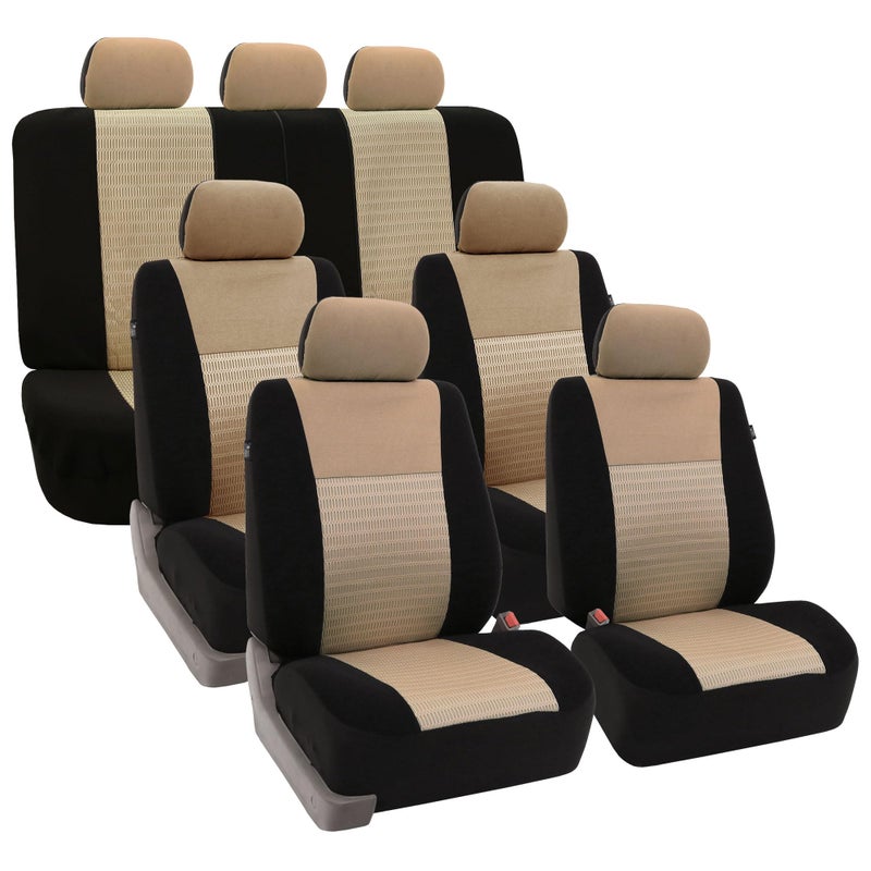 FH Group Car Seat Covers Three Row Set 7 Headrest Covers Car Accessories Universal Fit, Trendy Elegance 3D Air Mesh Airbag Compatible and Split Ready Beige Interior Accessories for Cars Trucks SUV - Image 1